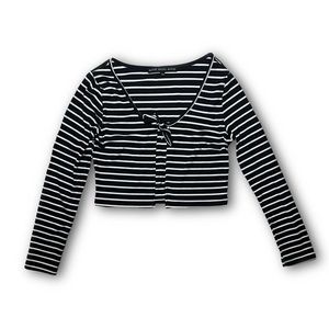 Y2K black white stripe tie front shrug cardigan L
